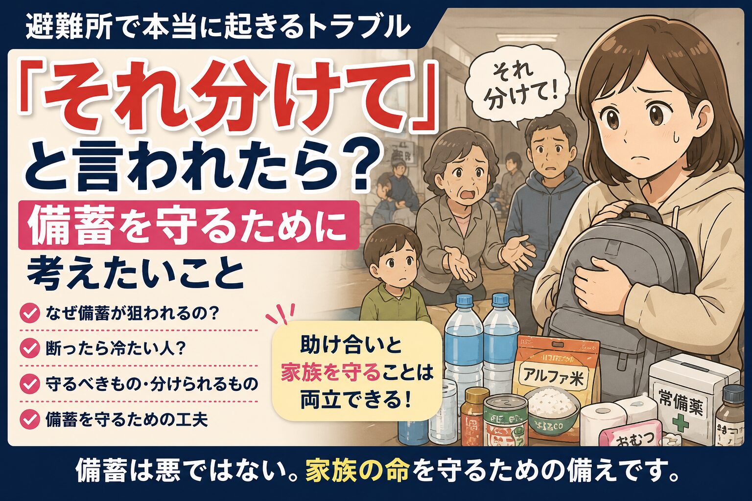 避難所で「それ分けて」と言われたら？備蓄を守るために考えたいこと